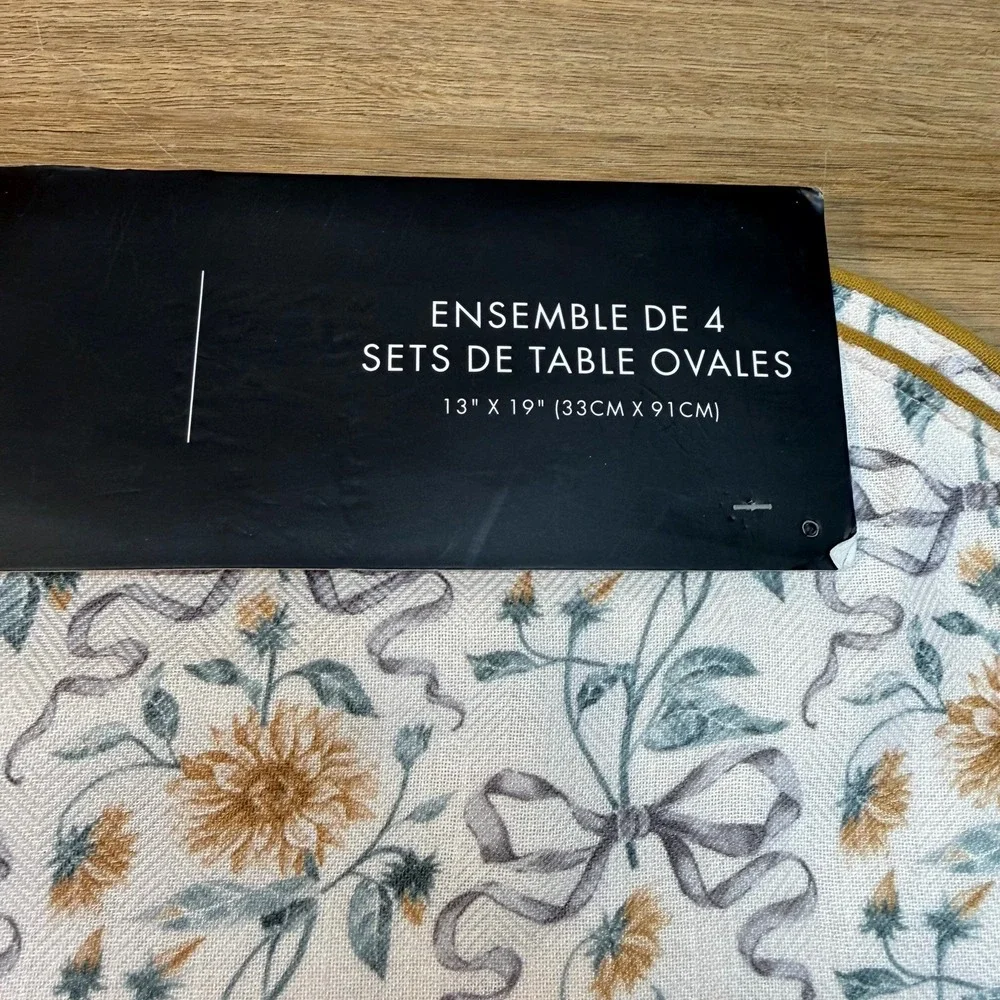 Tahari Home Cottagecore Floral Ribbon Oval Placemats Set of 4 Mustard Yellow